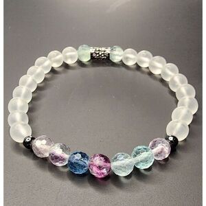 Crystal Bracelet Stretch Gemstone Fluorite Quartz 7.25 In Faceted Energy Healing